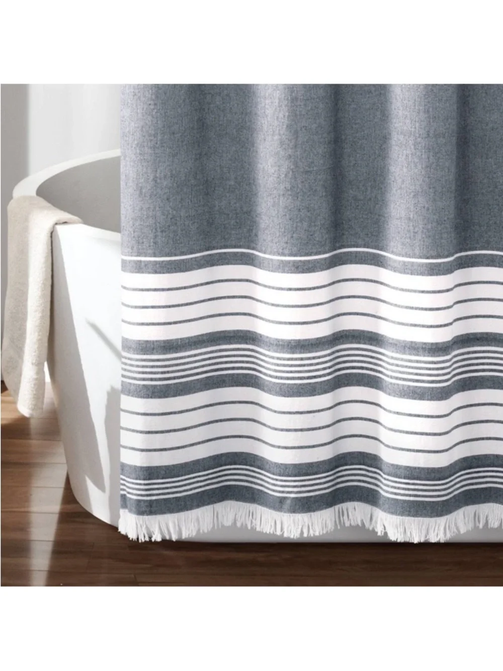 Nantucket Navy/ White Striped Shower Curtain with Fringe - 72” x 72”